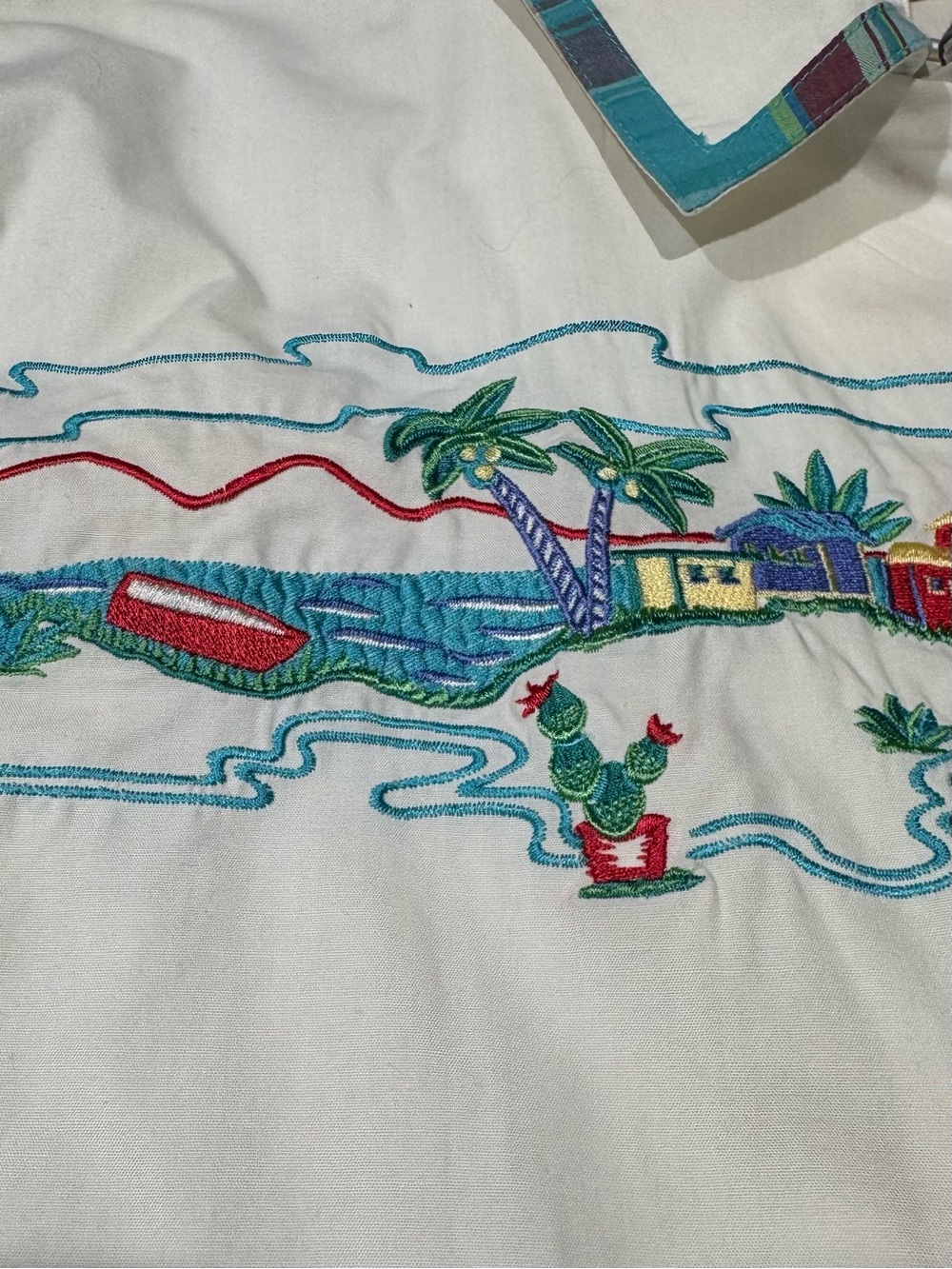 Vintage White Embroidered Coastal Scene Short-Sleeve Button-Down Shirt Size 10 - Picture 4 of 11